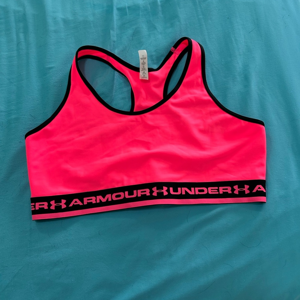 Never worn Under Armour Neon Coral  Racerback Sports Bra with Black Trim